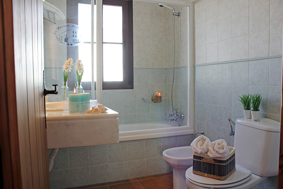 Baño completo con toallas de uno de los apartamentos rurales